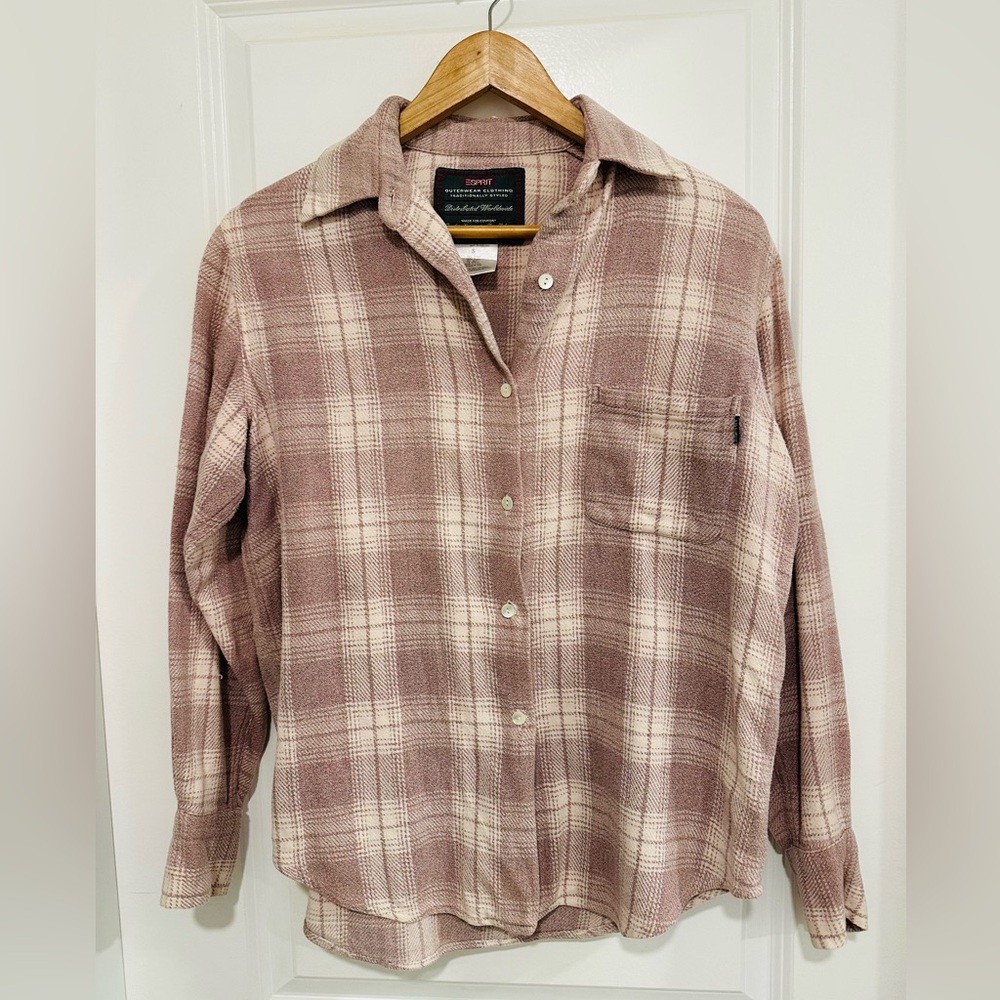 Esprit Women's Plaid Button Down Shirt in Mauve and Cream Small 100% Cotton